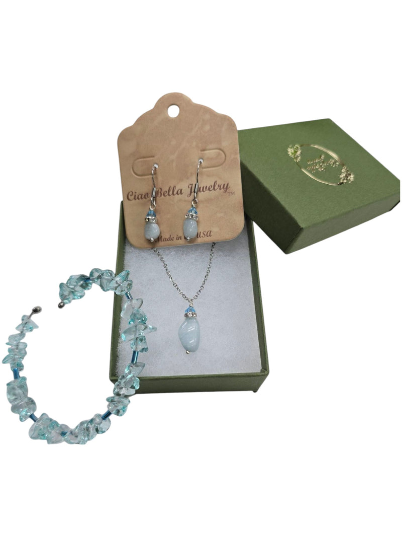 Aquamarine or Garnet Jewelry Set | Dangle Earrings, Necklace, Bangle | Gemstone Set