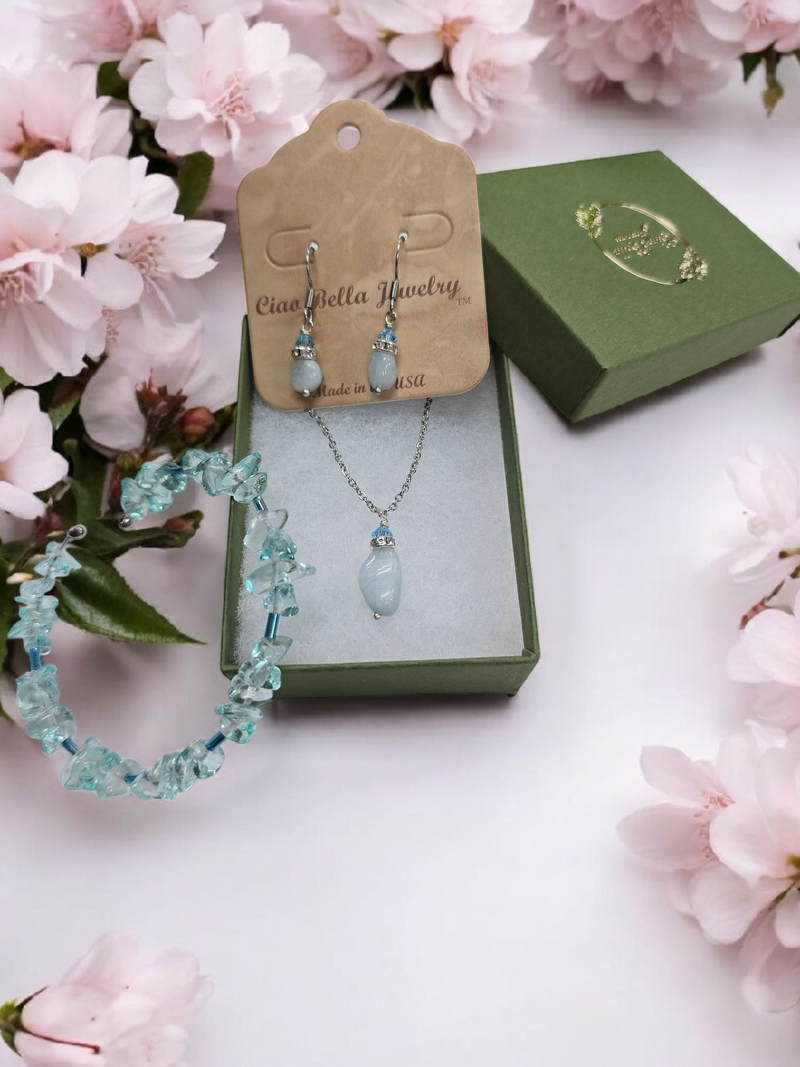 Aquamarine or Garnet Jewelry Set | Dangle Earrings, Necklace, Bangle | Gemstone Set