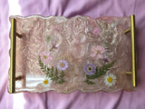 Pink Sparkle Resin Tray with Pressed Flowers & Gold Handles | Decorative Serving Tray