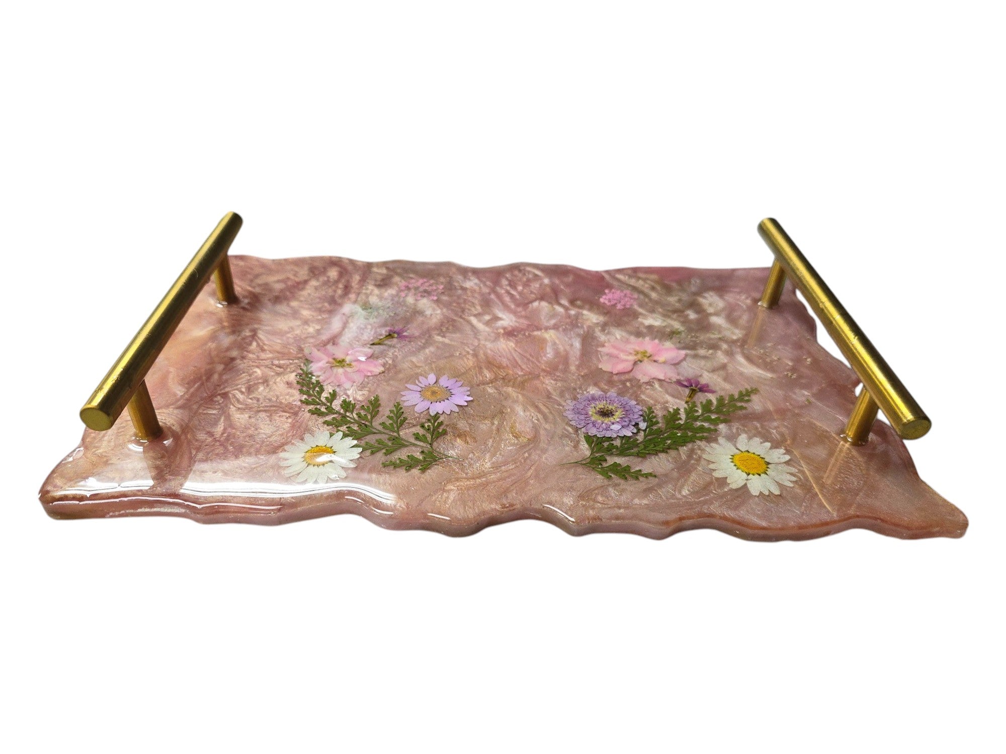 Pink Sparkle Resin Tray with Pressed Flowers & Gold Handles | Decorative Serving Tray