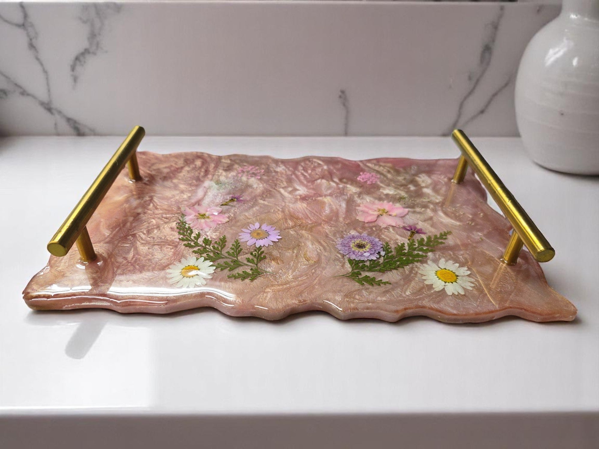 Pink Sparkle Resin Tray with Pressed Flowers & Gold Handles | Decorative Serving Tray