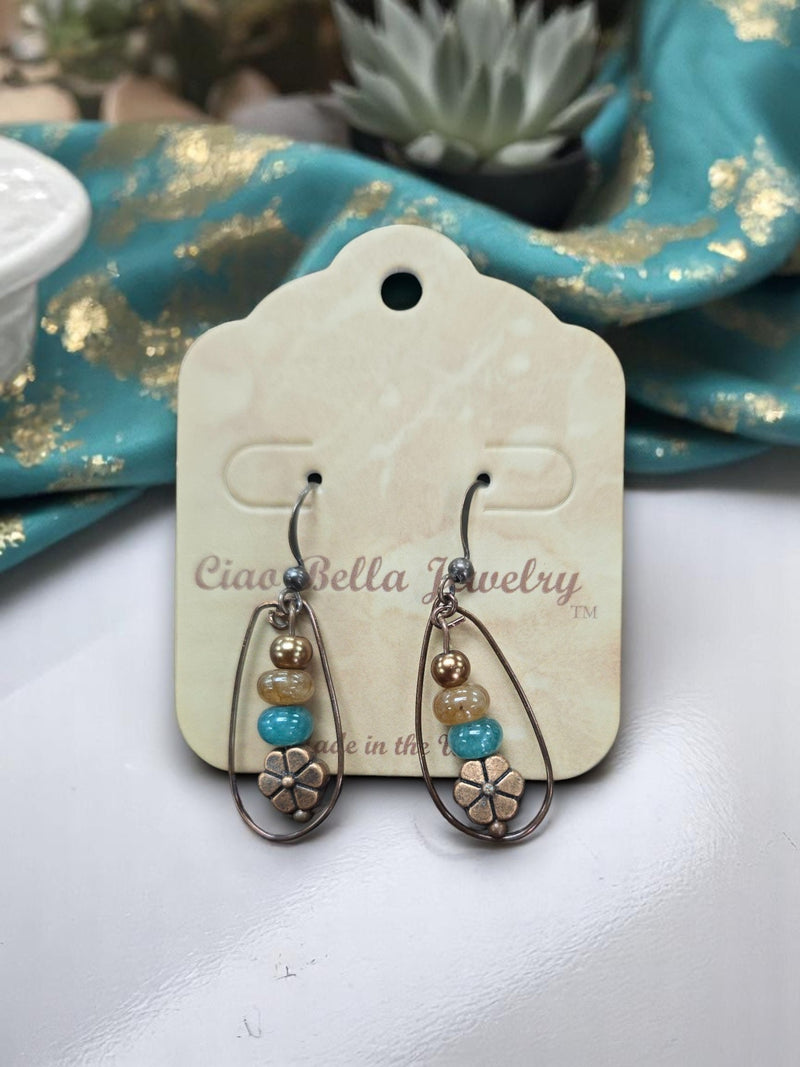 Women's Bohemian Copper Teardrop Petal Drop Earrings