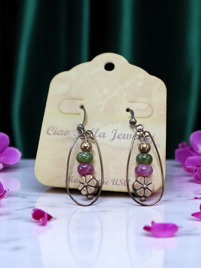 Women's Bohemian Copper Teardrop Petal Drop Earrings