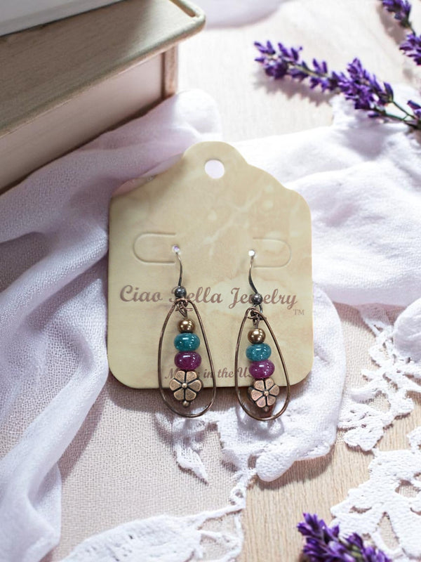 Copper Flower Teardrop Agate Earrings | Colorful Gemstone Dangles | Multiple Color Options