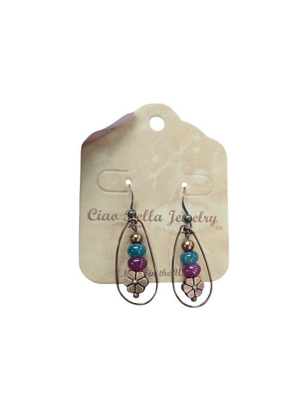 Copper Flower Teardrop Agate Earrings | Colorful Gemstone Dangles | Multiple Color Options