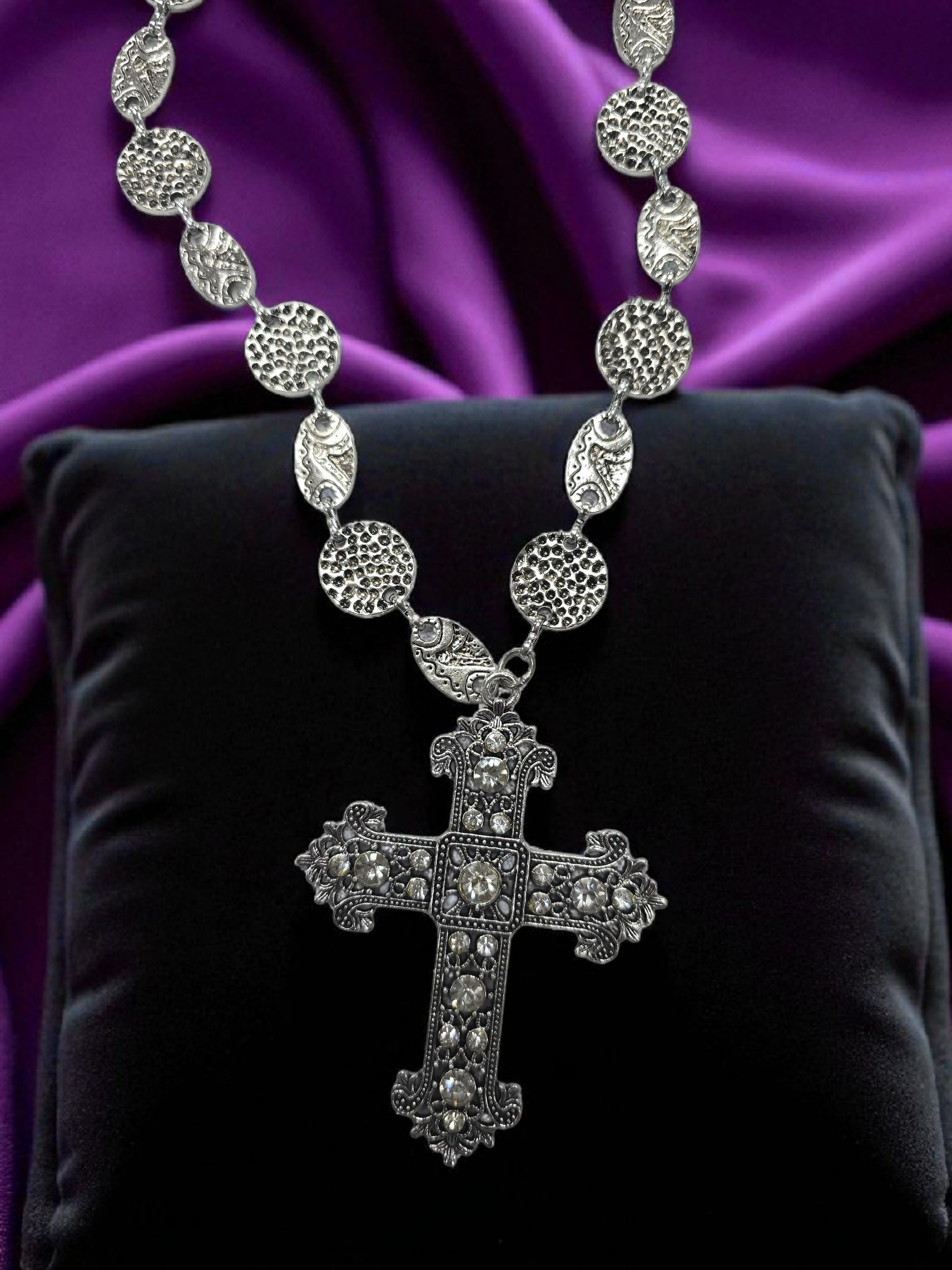 34" Long Crystal Silver and Black Cross Pendant Necklace (Gift Boxed)