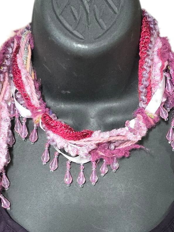 Boho Beaded Lightweight Scarf Necklace - Pink and Purple with Beads