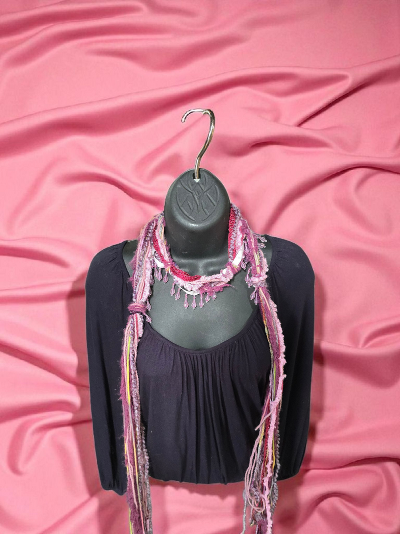 Boho Beaded Lightweight Scarf Necklace - Pink and Purple with Beads