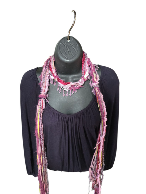 Boho Beaded Lightweight Scarf Necklace - Pink and Purple with Beads