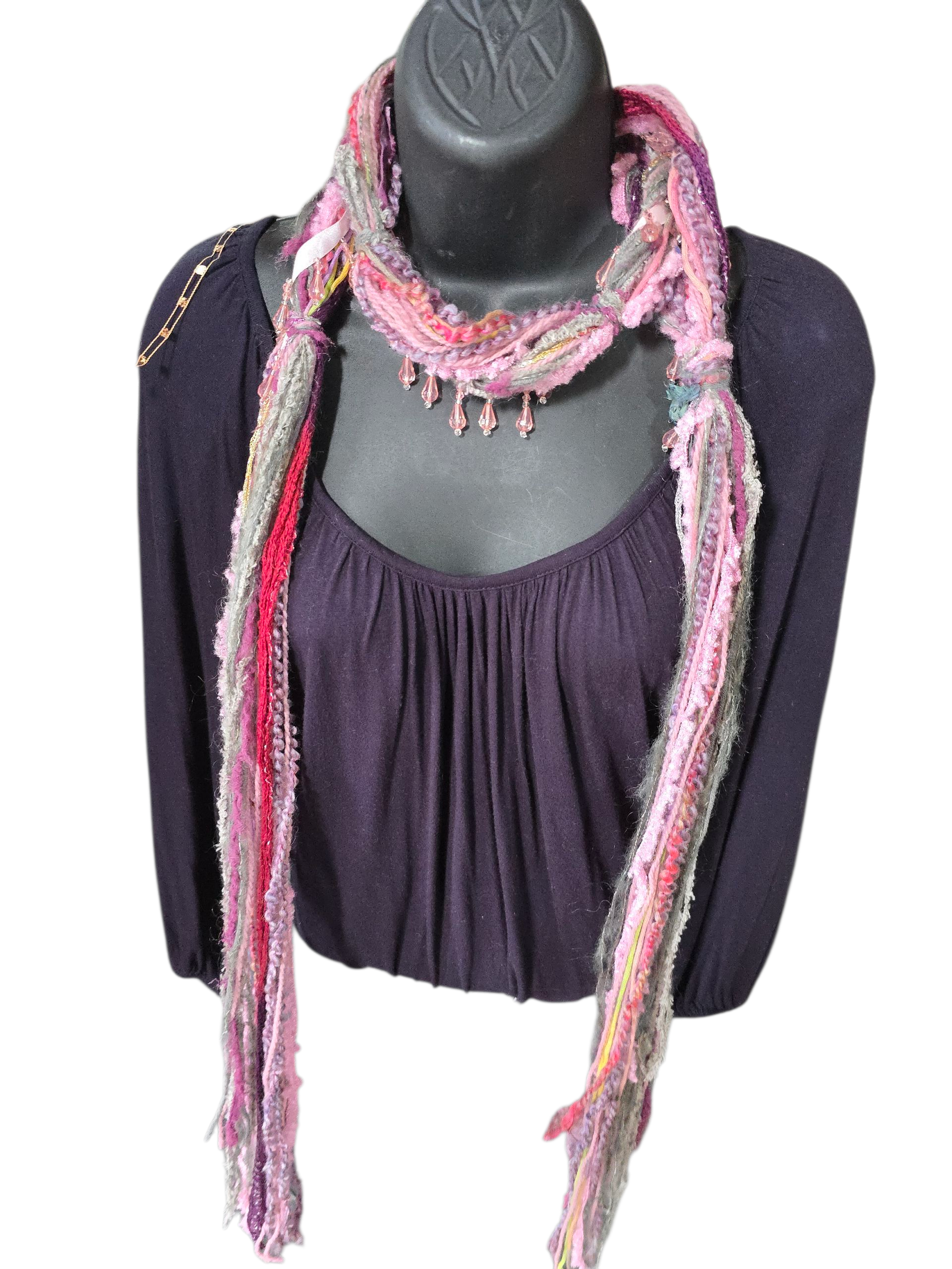 Boho Beaded Lightweight Scarf Necklace - Dark and Light Pink with Gray