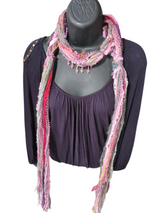 Boho Beaded Lightweight Scarf Necklace - Dark and Light Pink with Gray