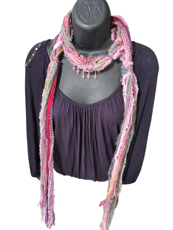Boho Beaded Lightweight Scarf Necklace - Dark and Light Pink with Gray