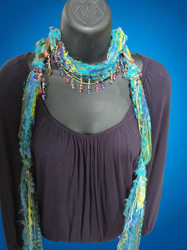 Boho Beaded Lightweight Mohair Scarf Necklace - Turquoise and Aqua