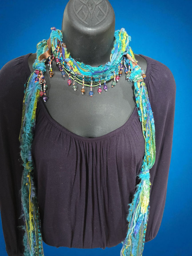 Boho Beaded Lightweight Mohair Scarf Necklace - Turquoise and Aqua