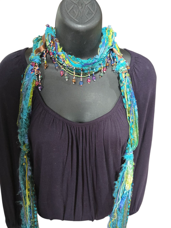 Boho Beaded Lightweight Mohair Scarf Necklace - Turquoise and Aqua