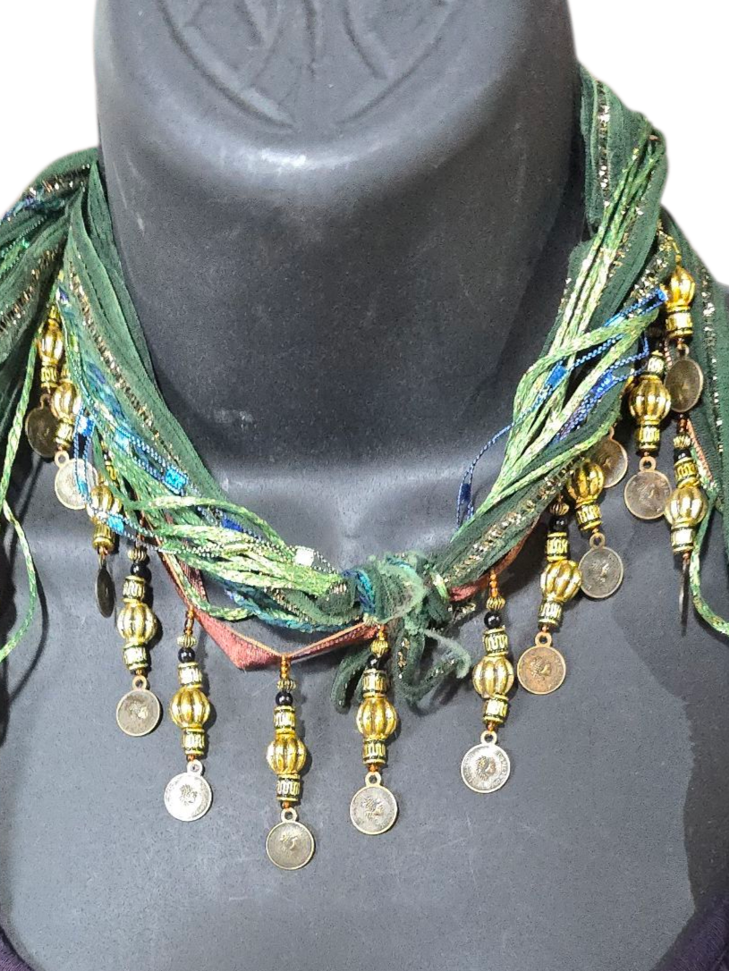 Boho Beaded Lightweight Scarf Necklace - Green and Gold