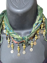 Boho Beaded Lightweight Scarf Necklace - Green and Gold