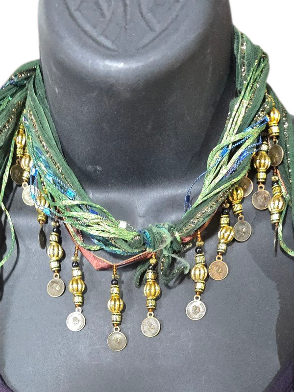 Boho Beaded Lightweight Scarf Necklace - Green and Gold