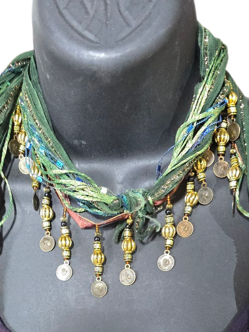 Boho Beaded Lightweight Scarf Necklace - Green and Gold