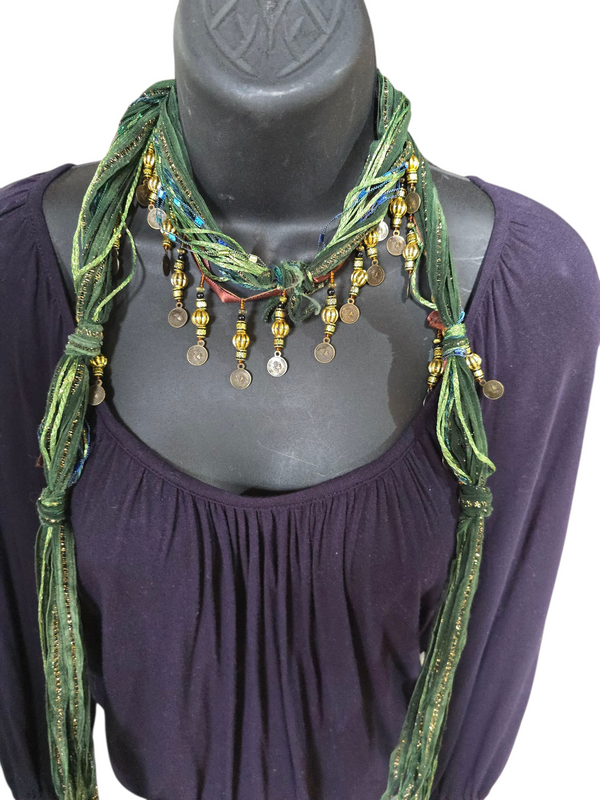 Boho Beaded Lightweight Scarf Necklace - Green and Gold