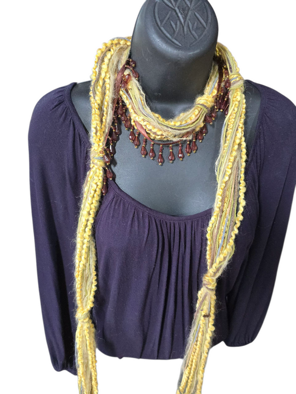 Boho Beaded Lightweight Mohair Scarf Necklace - Pale Yellow, Brown with Beads