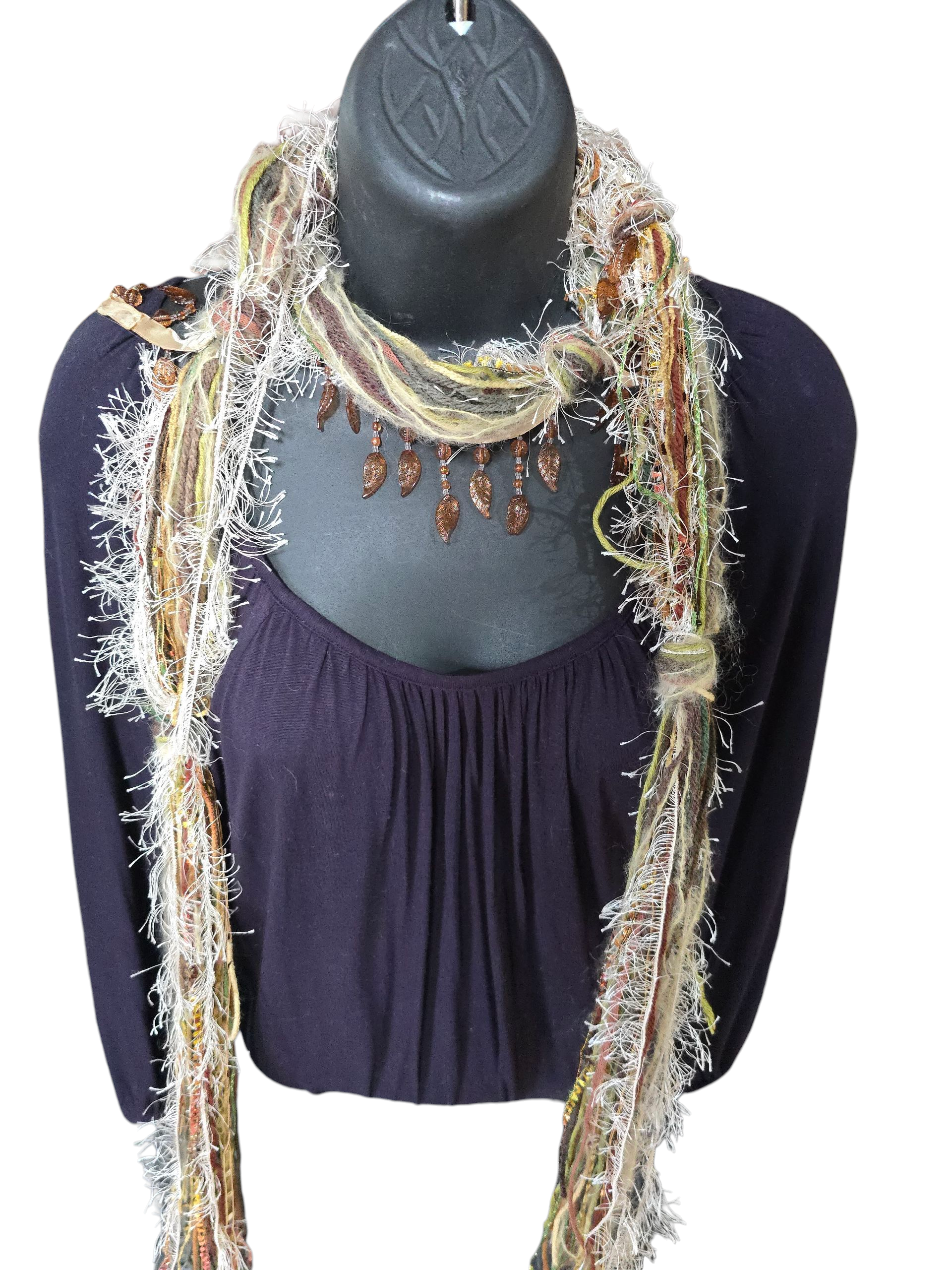 Boho Beaded Lightweight Mohair Scarf Necklace - Brown, Green, and Ivory