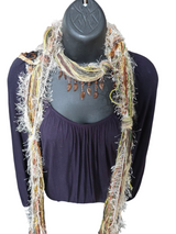 Boho Beaded Lightweight Mohair Scarf Necklace - Brown, Green, and Ivory