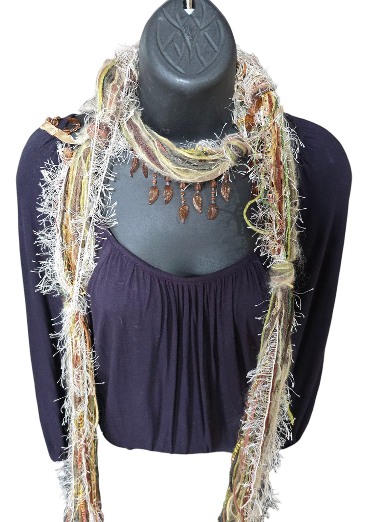 Boho Beaded Lightweight Mohair Scarf Necklace - Brown, Green, and Ivory