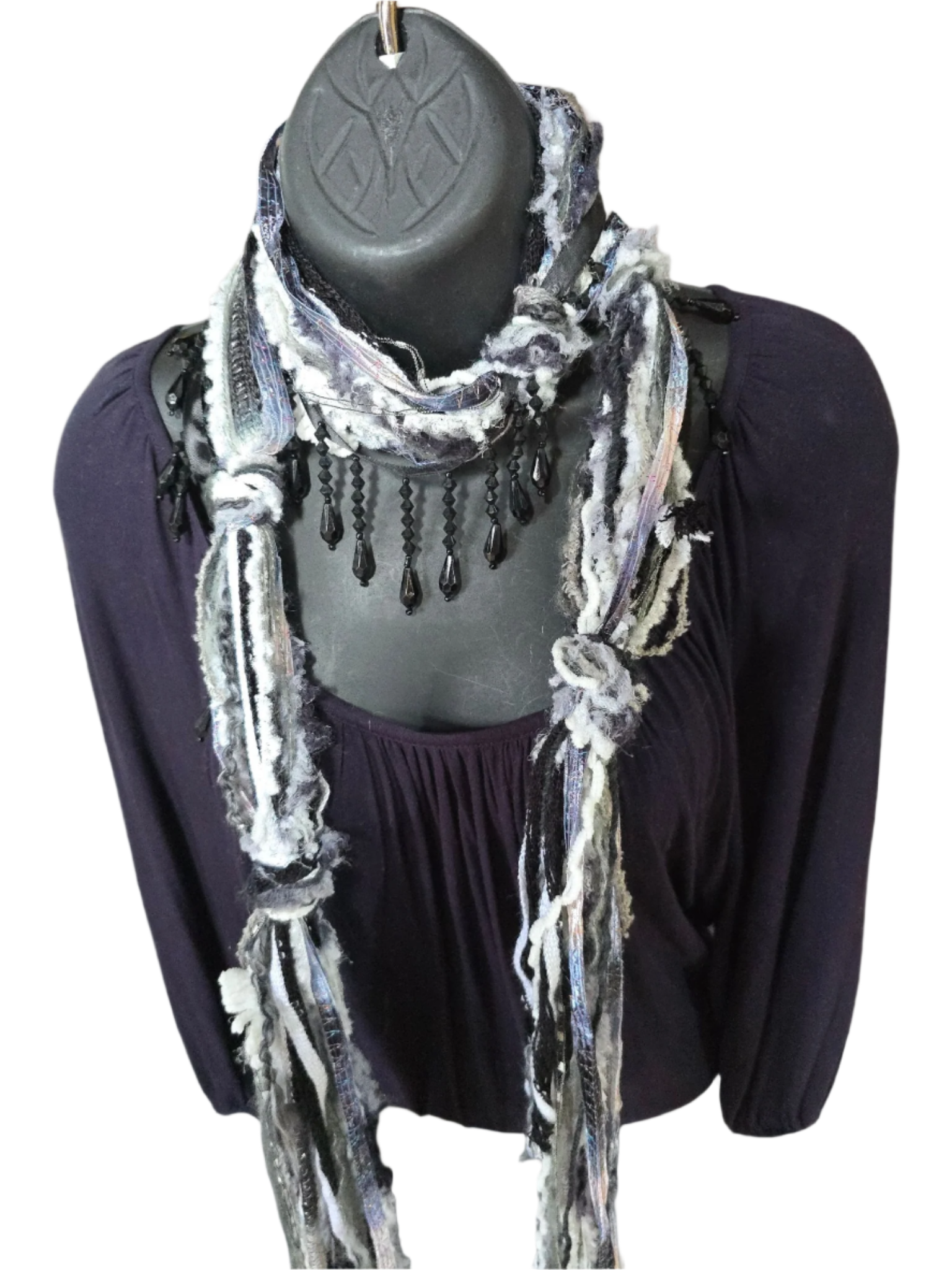 Boho Beaded Lightweight Mohair Scarf Necklace - Black, White and Gray