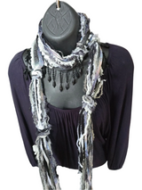 Boho Beaded Lightweight Mohair Scarf Necklace - Black, White and Gray