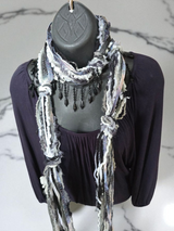 Boho Beaded Lightweight Mohair Scarf Necklace - Black, White and Gray