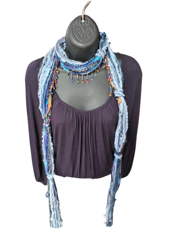 Boho Beaded Lightweight Mohair Scarf Necklace - Navy and Blue