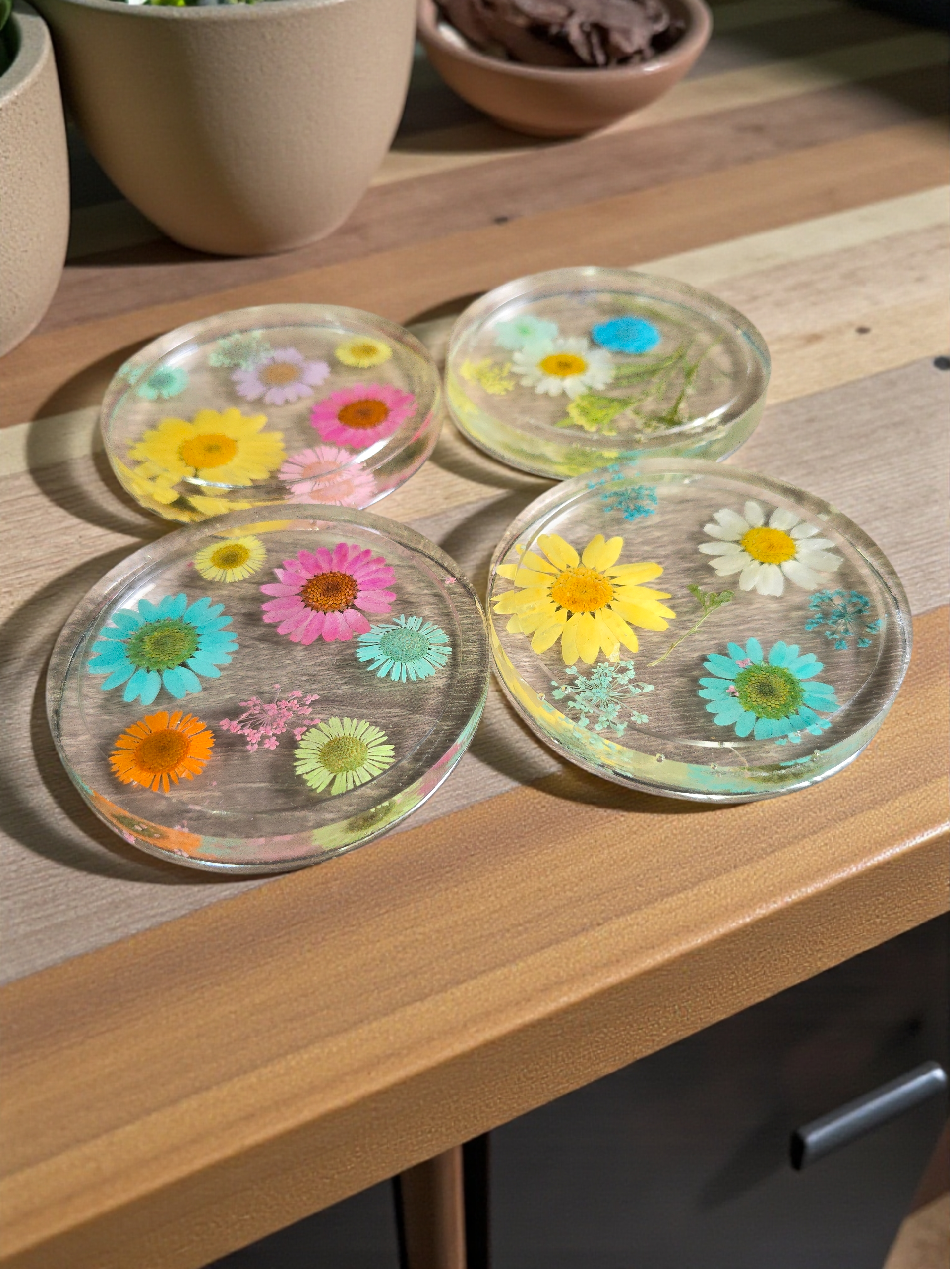 Four Pressed Flower Resin Coasters Set - Botanical Coaster with Real Flowers