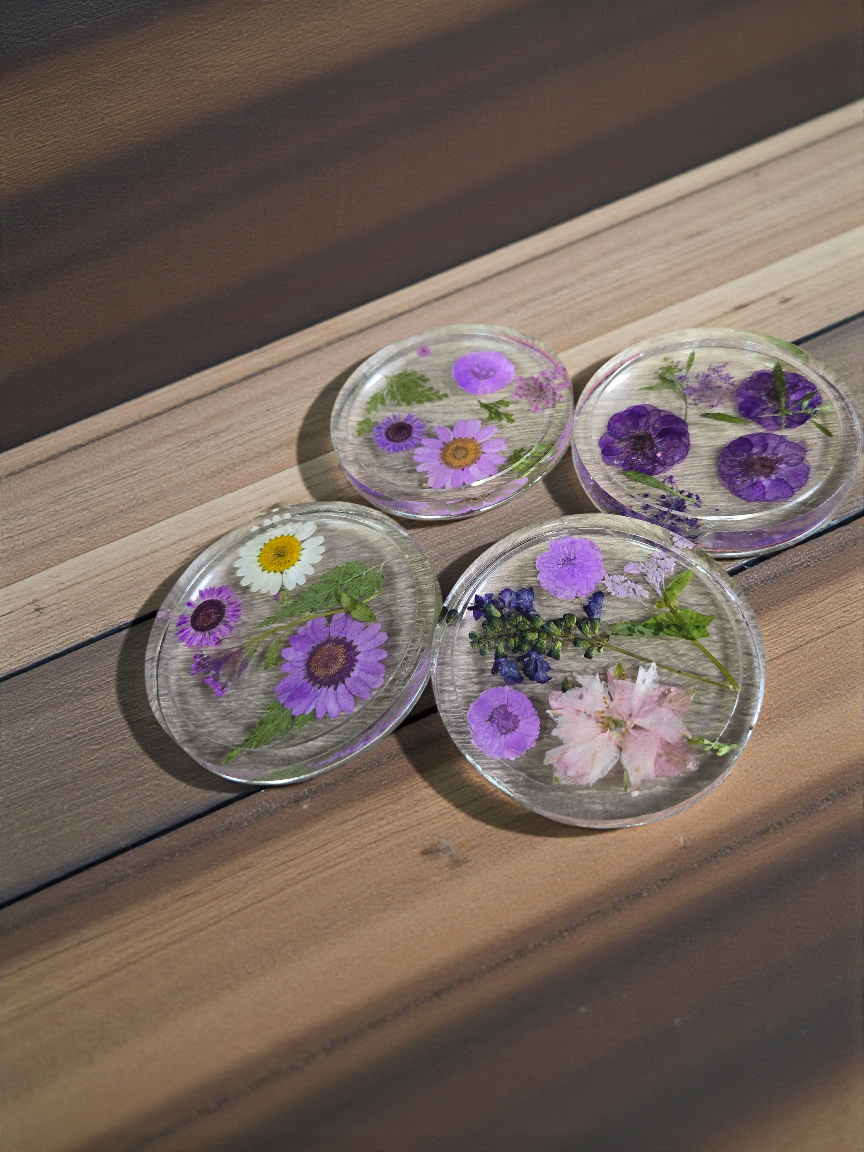 Four Pressed Flower Resin Coasters Set - Botanical Coaster with Real Flowers