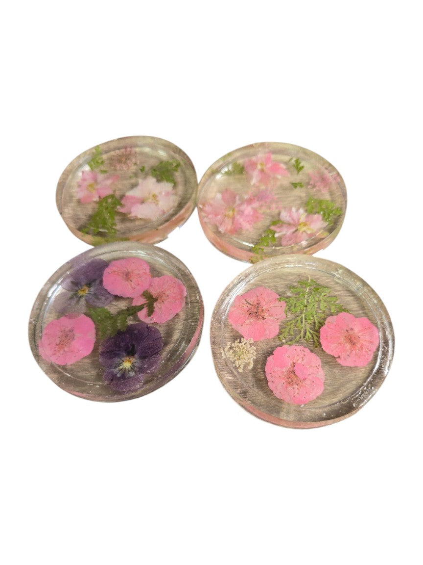 Four Pressed Flower Resin Coasters Set - Botanical Coaster with Real Flowers