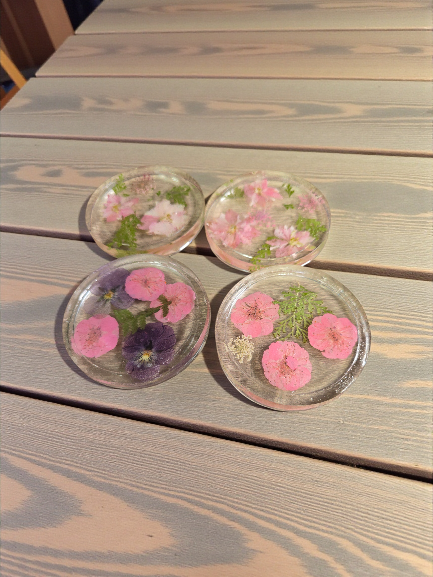 Four Pressed Flower Resin Coasters Set - Botanical Coaster with Real Flowers