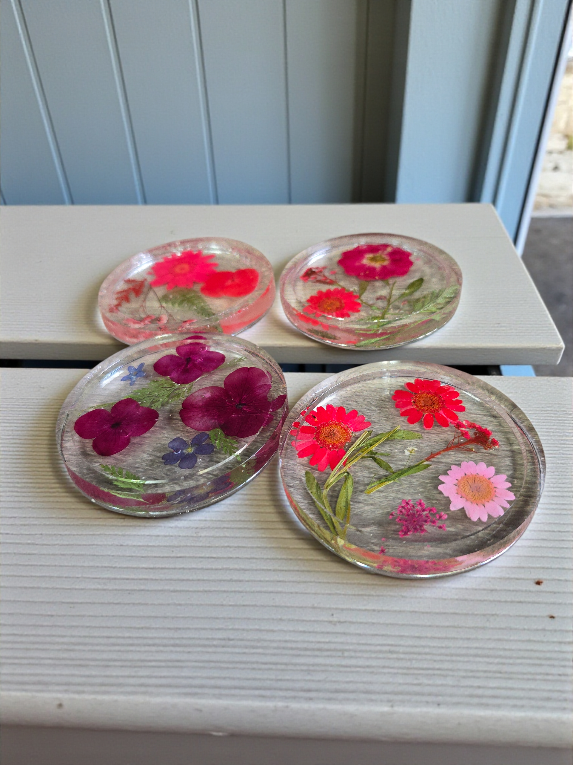 Four Pressed Flower Resin Coasters Set - Botanical Coaster with Real Flowers