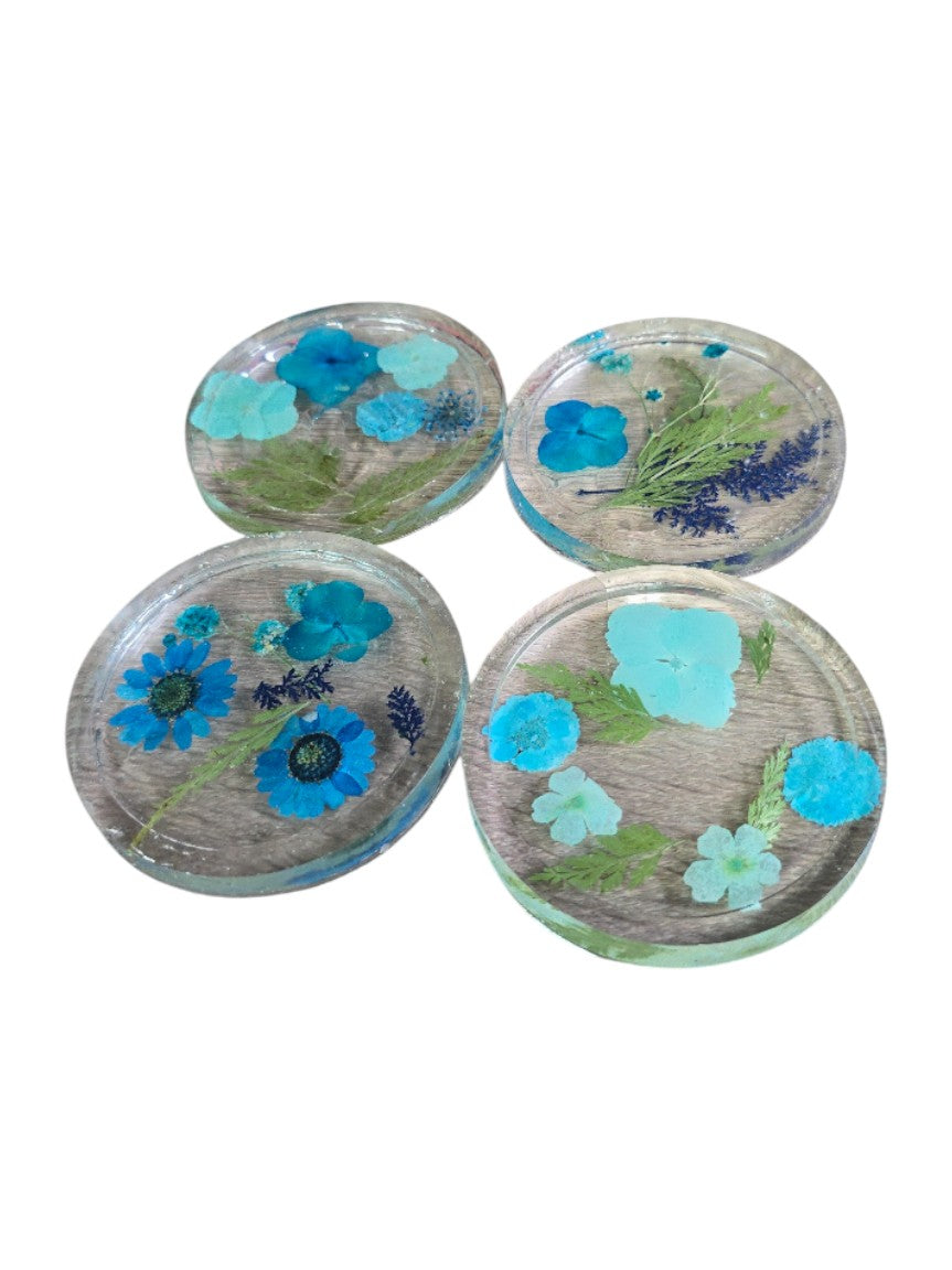 Four Pressed Flower Resin Coasters Set - Botanical Coaster with Real Flowers