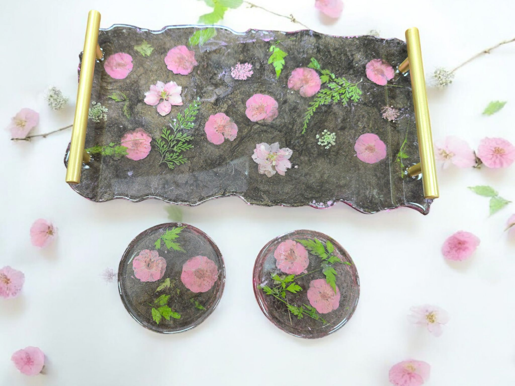 Victorian Floral Resin Tray and Coaster Set