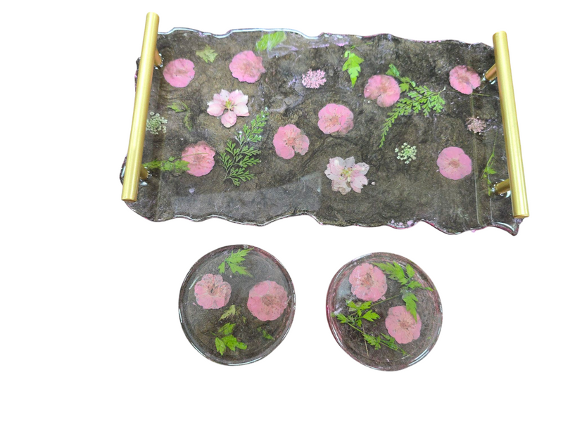 Victorian Floral Resin Tray and Coaster Set