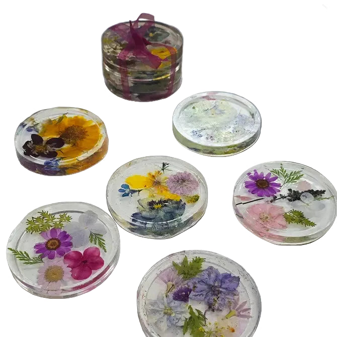 Four Pressed Flower Resin Coasters Set - Botanical Coaster with Real Flowers