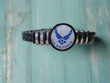 Officially Licensed USAF Braided Leather Bracelet, Patriotic Design, Durable Genuine Black Leather, Multiple Patterns and Sizes Available (Gift Boxed)