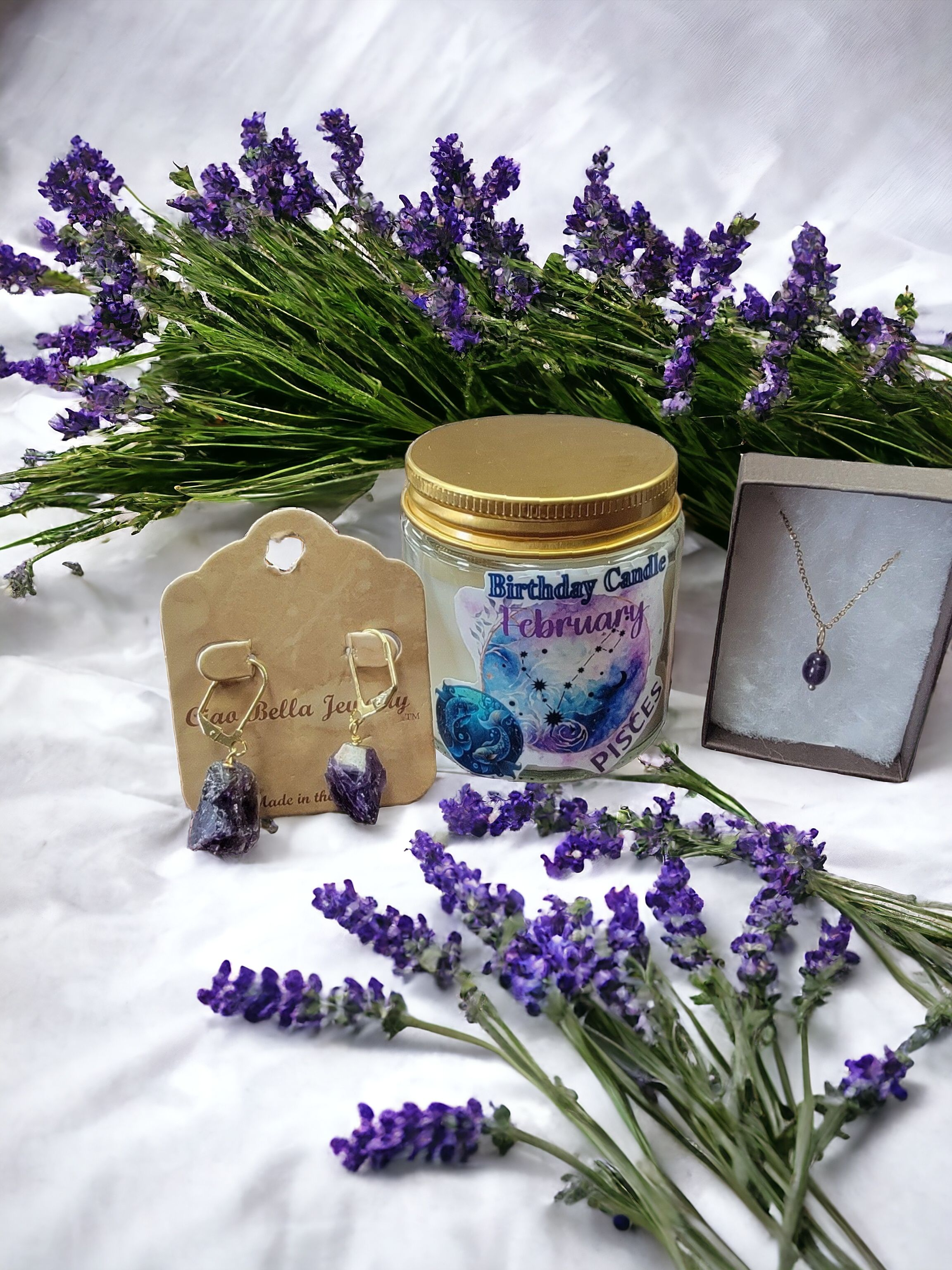 Celebrate February Birthdays with the Aquarius Gift Pack: Lavender Candle, Amethyst Jewelry