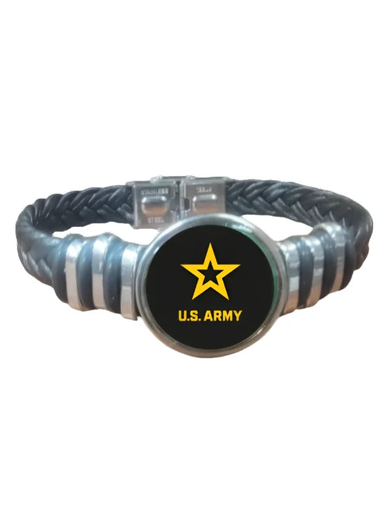 Officially Licensed Army Braided Leather Bracelet with Stainless Steel Accents