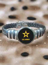 Officially Licensed Army Braided Leather Bracelet with Stainless Steel Accents