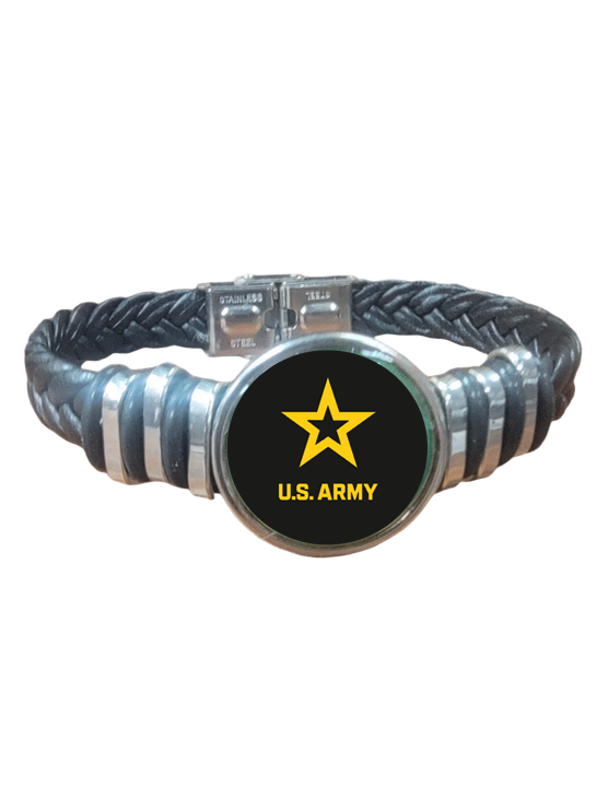 Officially Licensed Army Braided Leather Bracelet with Stainless Steel Accents
