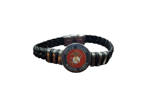 Officially Licensed Marine Corps Black Braided Leather Bracelet with Stainless Steel Accents | Choose from Eagle Globe Anchor or Marine Seal Symbol