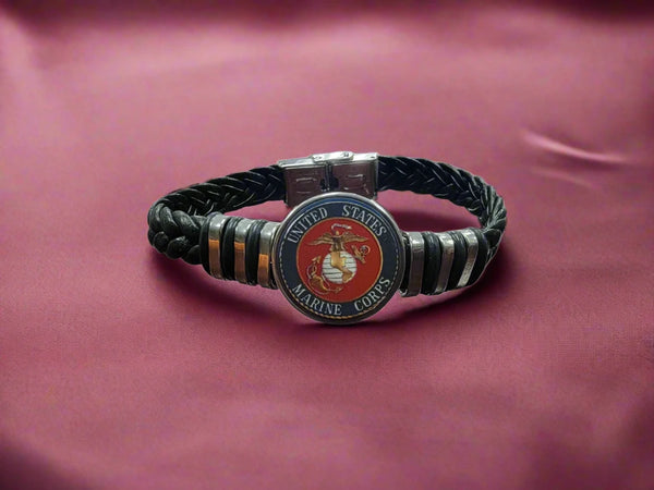 Officially Licensed Marine Corps Black Braided Leather Bracelet with Stainless Steel Accents | Choose from Eagle Globe Anchor or Marine Seal Symbol