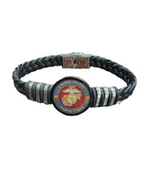 Officially Licensed Marine Corps Black Braided Leather Bracelet with Stainless Steel Accents | Choose from Eagle Globe Anchor or Marine Seal Symbol