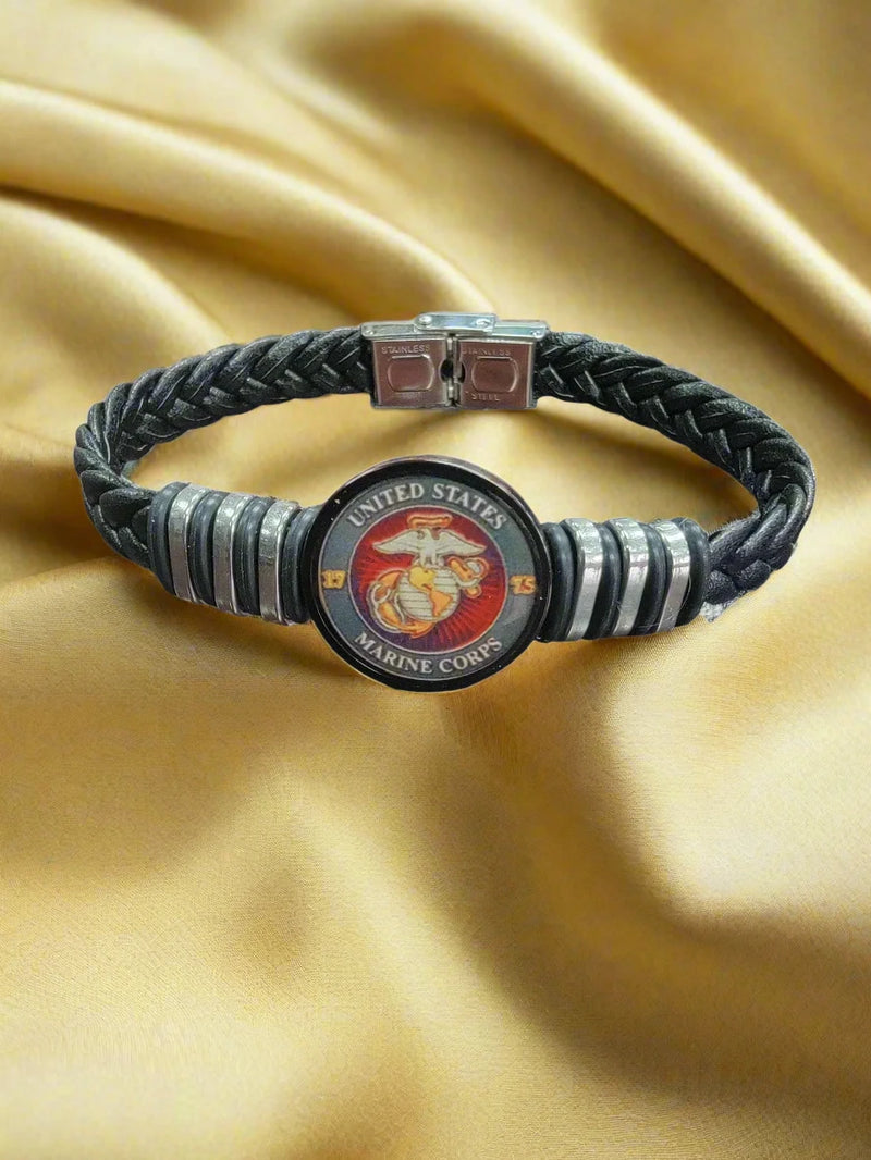 Officially Licensed Marine Corps Black Braided Leather Bracelet with Stainless Steel Accents | Choose from Eagle Globe Anchor or Marine Seal Symbol